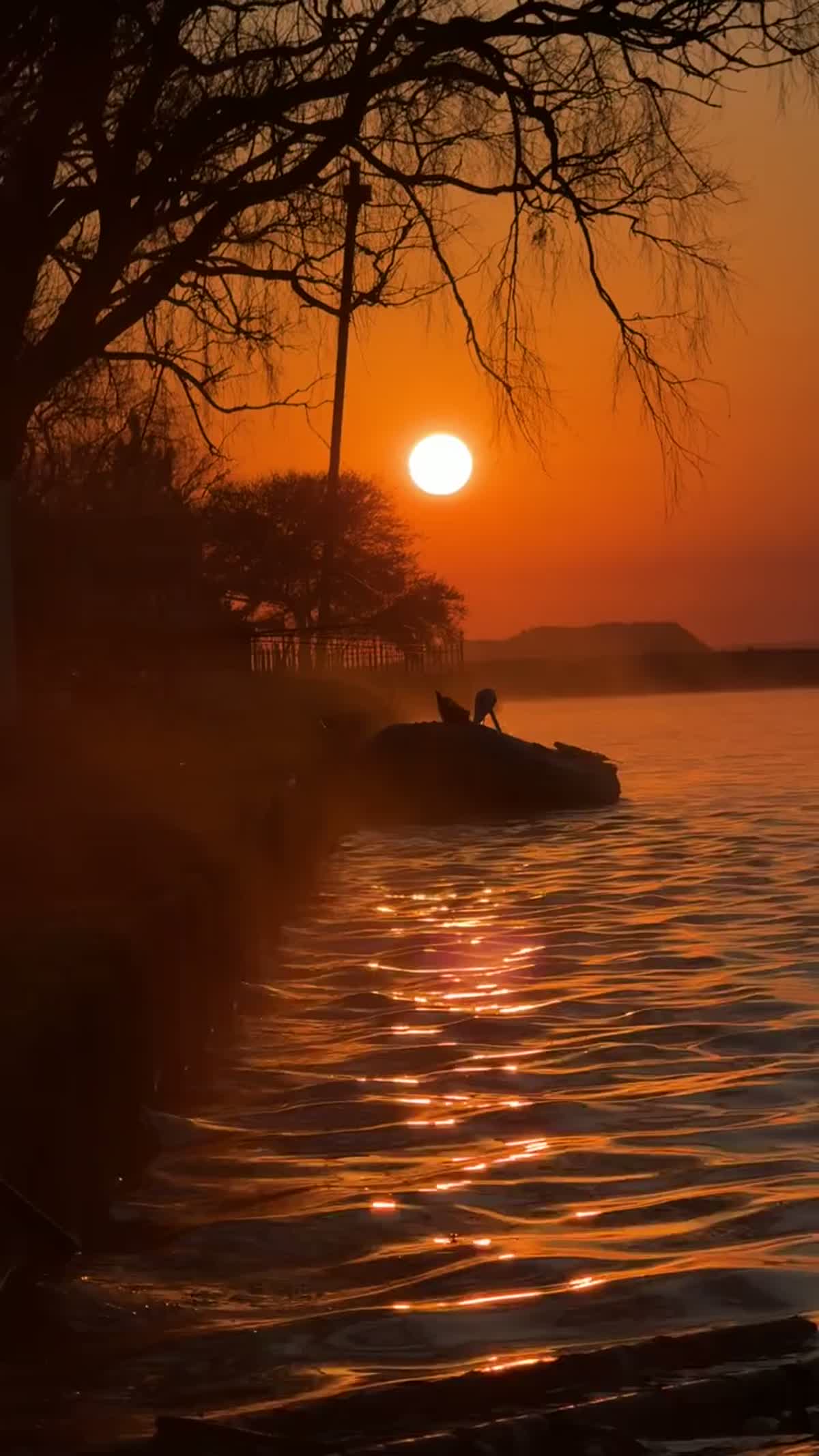 African sunset burning gold over a South African dam at dusk