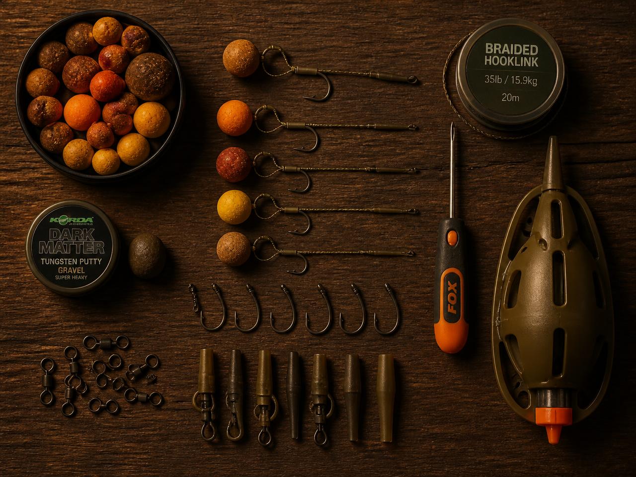 Carp rigs, boilies and tackle laid out on dark wood